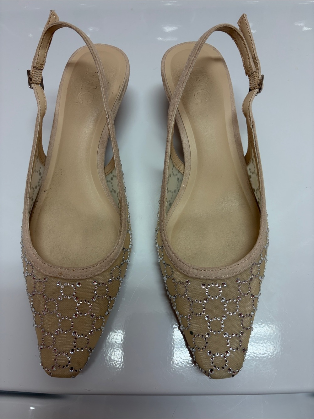 INC  Beige Embellished Slingback kitten  Heels with silver sequencing